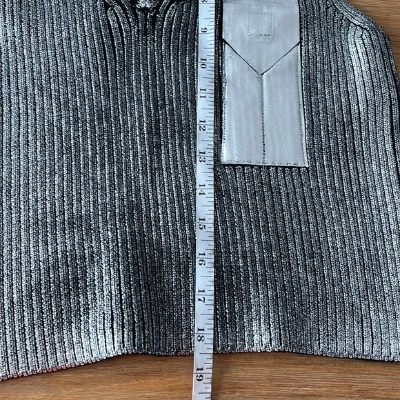 Zoey W. Los Angeles Metallic Knit V Neck Patch Vest Grey Silver - Picture 10 of 12